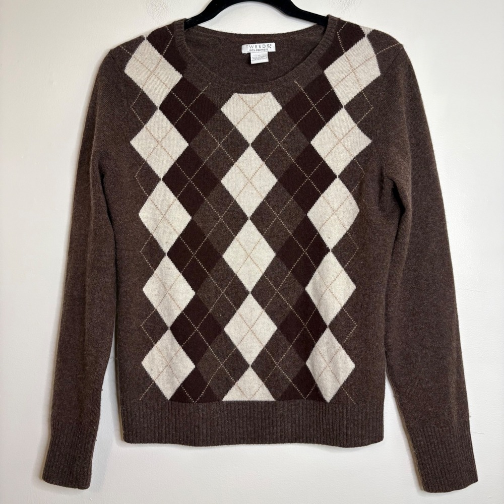 Tweeds Womens 100% Cashmere Argyle Crew‎ Neck Sweater Brown Tan Medium M